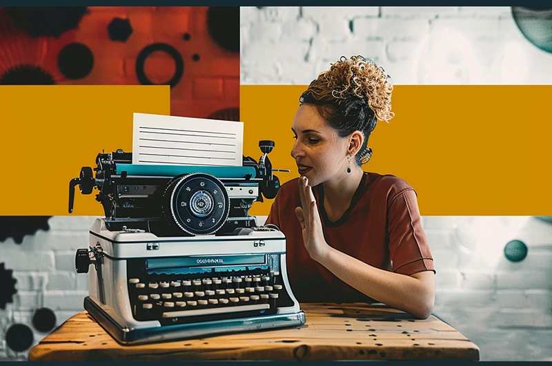 Woman using AI to write blog posts for SEO with an advanced typewriter