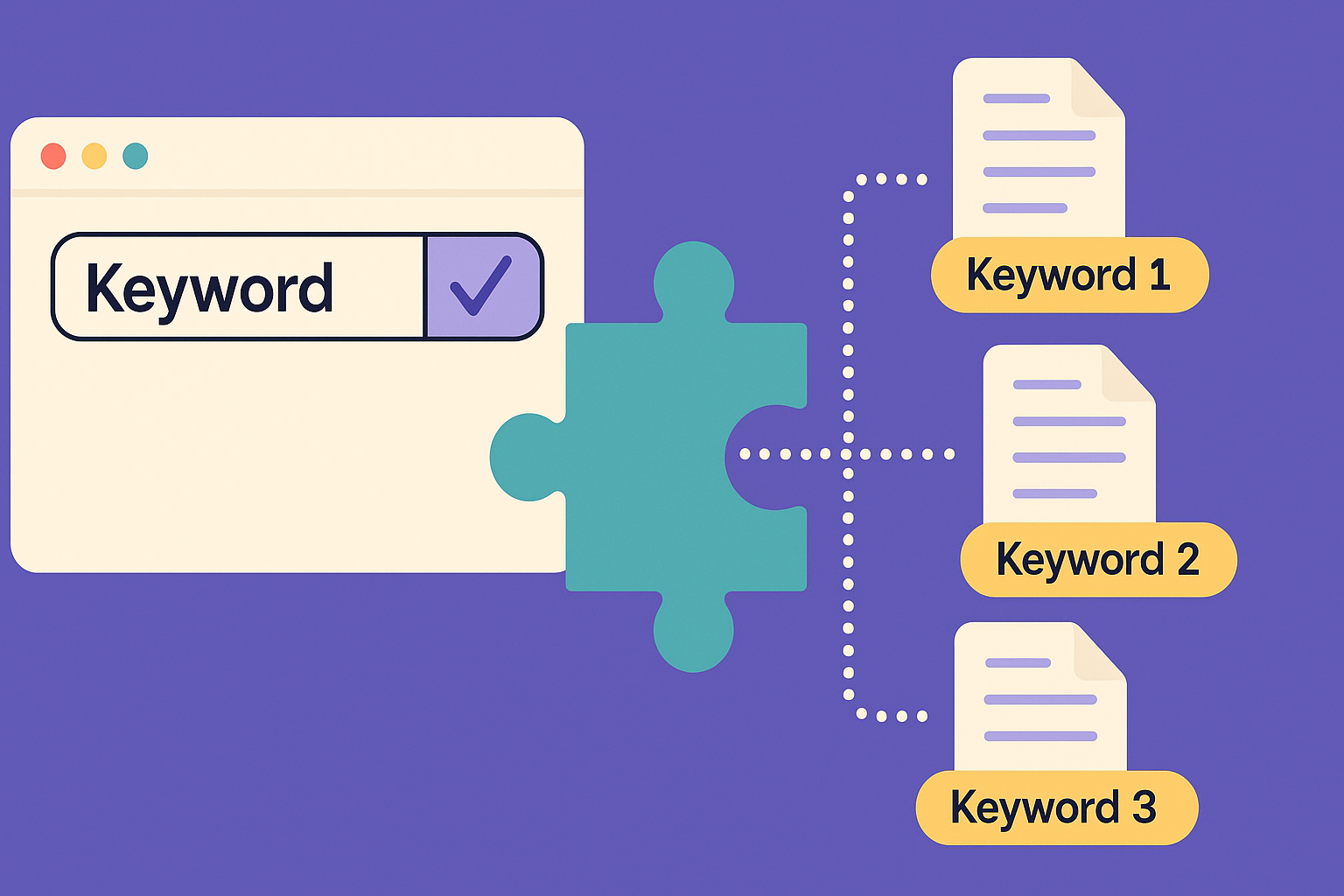 Keyword research concept illustration showing a search bar with "Keyword" and checkmark, puzzle piece, and documents labeled "Keyword 1," "Keyword 2," and "Keyword 3" on a purple background.